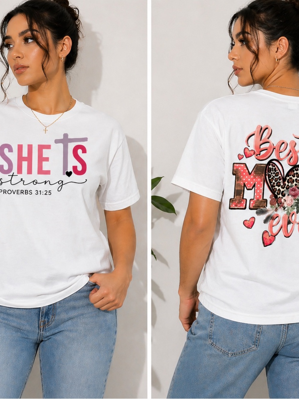 She Is Strong Graphic Tee — White with Pink & Purple Accents
